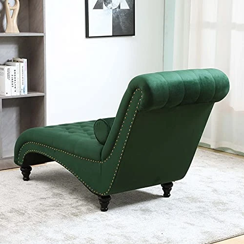 Paddie Velvet Button-Tufted Chaise Lounge Chair Leisure Sofa Chaise Chair W/Bolster Pillow, Nailhead Trim And Turned Legs For Indoor Living Room (Green) 5 Paddie Velvet Button-Tufted Chaise Lounge Chair Leisure Sofa Chaise Chair W/Bolster Pillow, Nailhead Trim And Turned Legs For Indoor Living Room (Green) - Image 5