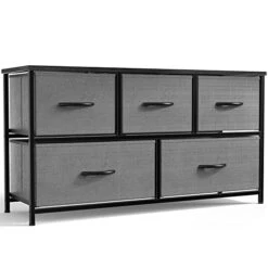 Dresser, Dresser For Bedroom, Drawer Dresser Organizer Storage Drawers Fabric Dresser With 5 Drawers, Chest Of Drawers With Fabric Bins, Long Dresser With Wood Top For Bedroom, Closet, Entryway