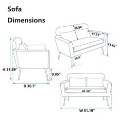 Betoko 51‘’ Loveseat Sofa Small Couch Two Seat Mid Century Modern Sofa With 2 Throw Pillows And Gold Metal Legs For Small Space Office Studio Apartments Bedroom,Ivory