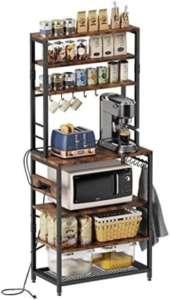 Amosic Industrial Kitchen Baker’s Rack, Multiuse 7-Tier Metal Kitchen Bakers Rack, 6 S-Hooks, Floor Standing Spice Rack Organizer Workstation, For Microwave, Spice Jars, Pots And Pans, Rustic Brown -Songmics Furniture Shop 41aDZhbDzwL. AC