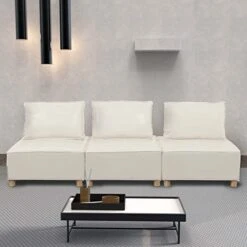 DURASPACE 3 Seater Modular Sofa Couch 98" W Modern Faux Leather Upholstered Sectional Sofa With Removable Pillow For Living Room Off White (3 PCS)