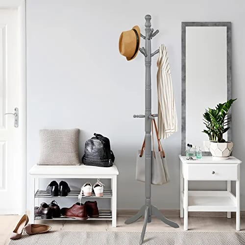 Tangkula Wood Coat Rack Freestanding, Entryway Height Adjustable Coat Stand With 9 Hooks & Stable Tri-Legged Base, Rubber Wood Coat Tree Hall Tree Coat Hanger For Home Office Hall Entryway (Grey) 4 Tangkula Wood Coat Rack Freestanding, Entryway Height Adjustable Coat Stand With 9 Hooks & Stable Tri-Legged Base, Rubber Wood Coat Tree Hall Tree Coat Hanger For Home Office Hall Entryway (Grey) - Image 4