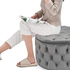 Homebeez Round Velvet Storage Ottoman, Button Tufted Footrest Stool Coffee Table For Living Room (Grey) -Songmics Furniture Shop 41acjwT3SLL