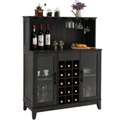 Giantex Buffet Hutch Cabinet, Kitchen Hutch Sideboard, 15 Wine Bottle Modulars, Glasses Holder Rack, Buffet Cabinet On Storage Island, Wood Stationary Kitchenware Server (Grey)