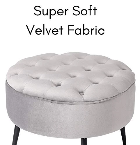 BIRDROCK HOME Tufted Round Grey Ottoman – Velvet Foot Stool – Mid Century Modern Steel Legs - Soft Compact Padded Stool - Living Room Or Bedroom – Vanity Chair - Decorative Furniture 2 BIRDROCK HOME Tufted Round Grey Ottoman – Velvet Foot Stool – Mid Century Modern Steel Legs - Soft Compact Padded Stool - Living Room Or Bedroom – Vanity Chair - Decorative Furniture - Image 2