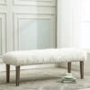 White Faux Fur Ottoman Bench Upholstered Bench For Bedroom/Living Room/Entryway Decorative Accent Bench With Wood Legs