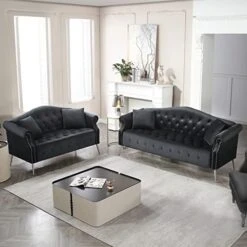 Homtique Sofa Set For Living Room 2 Piece, Modern Velvet Loveseat Sofa Set Upholstered Button Tufted Nailhead Trimming Rolled Arm And Metal Legs, Velvet Sofa Couch With 4 Pillows For Home (Beige) -Songmics Furniture Shop 41bZzmIYEqL. AC