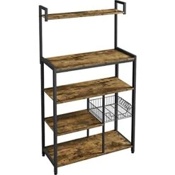 Topeakmart Baker's Rack For Kitchen, 32" Kitchen Racks With Storage Shelves & Metal Basket Hooks, Microwave Stand Cart With Countertop, Industrial Utility Storage Shelf For Dining Room
