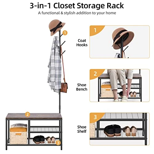 YITAHOME Coat Rack Shoe Bench 3-in-1 Standing Hall Tree With Entryway Storage Bench Industrial Coat Tree And Shoe Storage For Bedroom Hallway Living Room, Rustic Brown 4 YITAHOME Coat Rack Shoe Bench 3-in-1 Standing Hall Tree With Entryway Storage Bench Industrial Coat Tree And Shoe Storage For Bedroom Hallway Living Room, Rustic Brown - Image 4