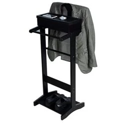 Goujxcy Mens Dressing Valet Stand Father's Day Gift, Wood Suit Valet Stand Clothes Rack With Drawer And Shoe Rack