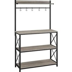 Topeakmart Industrial Kitchen Baker's Rack For Home With Open Storage Shelves, Metal Frame Microwave Oven Stand Shelf Coffee Station With 5 S Hooks, X Designed Floor Standing Spice Rack, Gray
