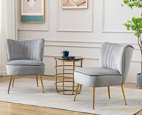 Shunzhi Velvet Accent Chairs Set Of 2 Modern Upholstered Slipper Chairs With Golden Legs Comfy Armless Wingback Side Chairs Corner Chair For Bedroom/Dining Room/Living Room/Office, Grey 4 Shunzhi Velvet Accent Chairs Set Of 2 Modern Upholstered Slipper Chairs With Golden Legs Comfy Armless Wingback Side Chairs Corner Chair For Bedroom/Dining Room/Living Room/Office, Grey - Image 4