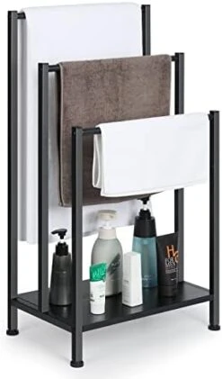 Free Standing Towel Rack, 3 Tier Metal Towel Racks Stand With Modern Black Wooden Storage Shelf, Multipurpose Hand Towel Drying Holder Stand For Bath & Blanket, Washcloths, Tub Or Shower Organizer -Songmics Furniture Shop 41c4vNHxc1L. AC