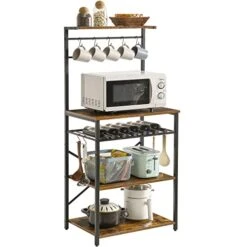 YMYNY Kitchen Baker's Rack, Microwave Oven Stand With Storage Shelves, Industrial Coffee Bar Station, With Adjustable Wine Holders And S-Hooks, Metal Frame, Rustic Brown, 56.3 * 15.7 * 23.2", UHBR001H