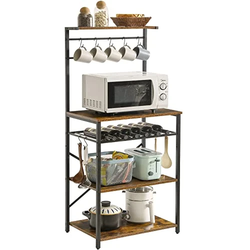 YMYNY Kitchen Baker's Rack, Microwave Oven Stand With Storage Shelves, Industrial Coffee Bar Station, With Adjustable Wine Holders And S-Hooks, Metal Frame, Rustic Brown, 56.3 * 15.7 * 23.2", UHBR001H 1 YMYNY Kitchen Baker's Rack, Microwave Oven Stand With Storage Shelves, Industrial Coffee Bar Station, With Adjustable Wine Holders And S-Hooks, Metal Frame, Rustic Brown, 56.3 * 15.7 * 23.2", UHBR001H