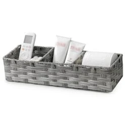 Toilet Tank Topper Paper Basket Multiuse Hand Woven Plastic Wicker Basket Bins With Divider For Shelves Rustic Farmhouse Bathroom Decor Countertop Organizer Storage