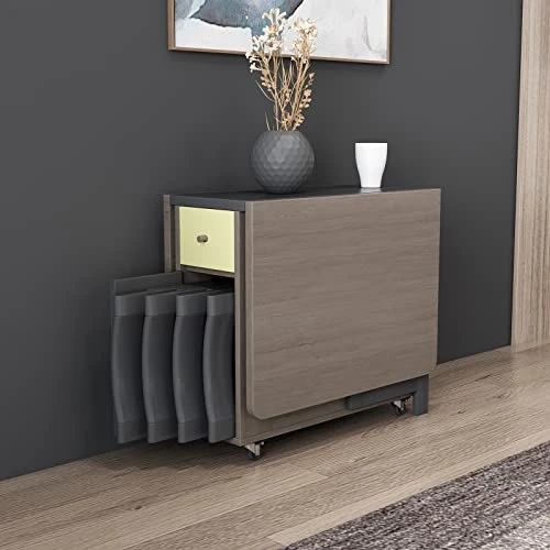 FUNROLUX Folding Dining Table And 4 Piece Folding Chair Set Grey Extendable Dining Table Holds 4 Chairs With Storage Rack And 2 Drawers 3 FUNROLUX Folding Dining Table And 4 Piece Folding Chair Set Grey Extendable Dining Table Holds 4 Chairs With Storage Rack And 2 Drawers - Image 3