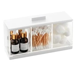 MDesign Cosmetic Divided Organizer Storage Canister Box With 3 Sections And Lid For Bathroom Vanity Countertop - Holder For Cotton Swabs, Perfume, Lipstick - Lumiere Collection - Clear/White