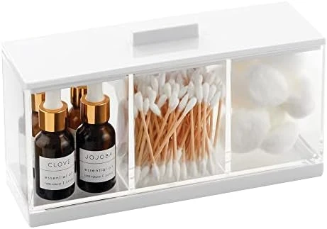 MDesign Cosmetic Divided Organizer Storage Canister Box With 3 Sections And Lid For Bathroom Vanity Countertop - Holder For Cotton Swabs, Perfume, Lipstick - Lumiere Collection - Clear/White 10 MDesign Cosmetic Divided Organizer Storage Canister Box With 3 Sections And Lid For Bathroom Vanity Countertop - Holder For Cotton Swabs, Perfume, Lipstick - Lumiere Collection - Clear/White - Image 10