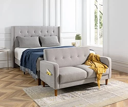 Mellow Adair Mid-Century Modern Loveseat/Sofa/Couch With Armrest Pockets, Tufted Linen Fabric, Light Grey 3 Mellow Adair Mid-Century Modern Loveseat/Sofa/Couch With Armrest Pockets, Tufted Linen Fabric, Light Grey - Image 3