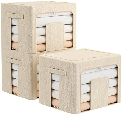 FAikhom 3 Pack Stackable Storage Bins- Foldable Metal Frame Storage Box Stackable Fabric Clothes Container Organizer With Clear Window & Carry Handles (22L, Black) 13 FAikhom 3 Pack Stackable Storage Bins- Foldable Metal Frame Storage Box Stackable Fabric Clothes Container Organizer With Clear Window & Carry Handles (22L, Black) - Image 13