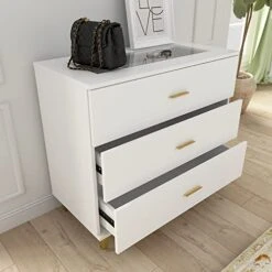 Homsee Modern Dresser Storage Chest With 3 Drawers, Glass Top & Jewelry Organizer, Wood Dresser Chest With Metal Legs For Bedroom, Living Room & Hallway, White (31.5”L X 15.7”W X 28.7”H) -Songmics Furniture Shop 41cL5Rc7BcL