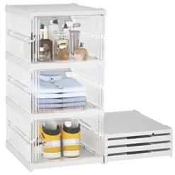 Plastic Storage Bins With Lids - Shoe Storage Shoe Organizer Shoe Box Sneaker Storage Collapsible Storage Bins Stackable Storage Totes Storage Container For Organizing Foldable Storage Bins (3 Layers)