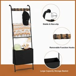 Vrisa Blanket Ladder Wall Leaning 5-Tier Metal Blanket Holder With Shelf Blanket Holder With Storage Basket Ladder Rack With 5 Hanging Hooks For Bathroom Living Room Bedroom Rustic Brown -Songmics Furniture Shop 41crx3MhE7L