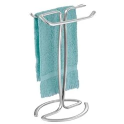 MDesign Metal Countertop Hand Towel Holder - Double-Sided Stand For Bathroom And Vanity Hand Towels And Small Guest Towels - Counter Towel Holder For Bathroom - Spira Collection, Chrome