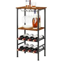 YBING Wine Rack Freestanding Floor Wine Bar Rack With Glass Holder And Tabletop 8 Bottle Wood Wine Tables With Racks 4 Tier Wine Bottle Organizer Display Storage Stand, Rustic Brown