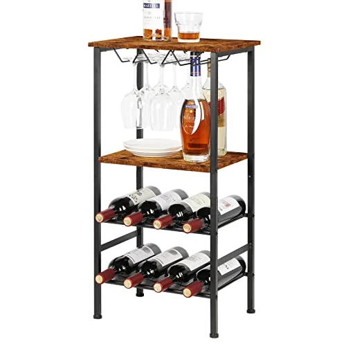 YBING Wine Rack Freestanding Floor Wine Bar Rack With Glass Holder And Tabletop 8 Bottle Wood Wine Tables With Racks 4 Tier Wine Bottle Organizer Display Storage Stand, Rustic Brown 1 YBING Wine Rack Freestanding Floor Wine Bar Rack With Glass Holder And Tabletop 8 Bottle Wood Wine Tables With Racks 4 Tier Wine Bottle Organizer Display Storage Stand, Rustic Brown