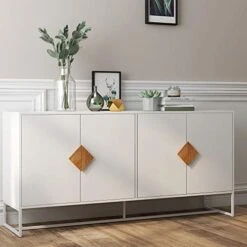 63 Inch Wide Buffet Kitchen Sideboard Storage Cabinet, Floor Cupboard With 4 Doors, Free Standing Accent Cabinet For Living Room, Solid Wood Square Handle Double Storage Sideboard, White -Songmics Furniture Shop 41d883m7rfL