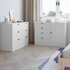 HOSTACK 4 Drawer Dresser With Door, Wide Chest Of Drawers Closet Organizers, Modern Storage Cabinet For Bedroom, Living Room, Kitchen, White, 43.3" L X 15.7" D X 31.9" H -Songmics Furniture Shop 41dGKKggxKL