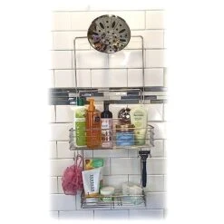 Gecko-Loc Extra Long Wide Adjustable Length Over The Showerhead Hanging Shower Caddy Organizer - Stainless Steel Bathroom Caddies Storage Rack Shelf Hooks And Soap Dish - Silver