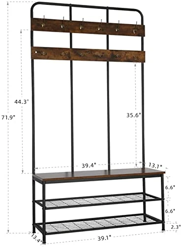 QCen Entryway Bench With Coat Rack ,Shoe Rack Storage Shelf Organizer Industrial Hall Tree 72 Inch With Storage Bench 12 Hooks, Wood Look Accent Furniture With Metal Frame 3 QCen Entryway Bench With Coat Rack ,Shoe Rack Storage Shelf Organizer Industrial Hall Tree 72 Inch With Storage Bench 12 Hooks, Wood Look Accent Furniture With Metal Frame - Image 3