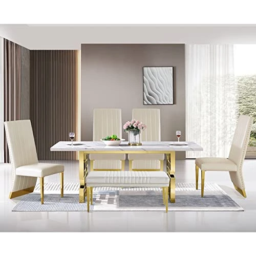 AUZ 3 Pieces Dining Room Bench Sets, White PU Leather Ottoman With 2 Channel Back Dining Chairs In White Gold 2 AUZ 3 Pieces Dining Room Bench Sets, White PU Leather Ottoman With 2 Channel Back Dining Chairs In White Gold - Image 2