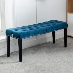 HEAH-YO Modern Indoor Bench, 18” Seat Height Entryway Bench With PU Leather Strap And Metal Legs, Linen Footstool And Ottoman For Living Room Bedroom, Gray -Songmics Furniture Shop 41dU5ZcMTgL. AC 2