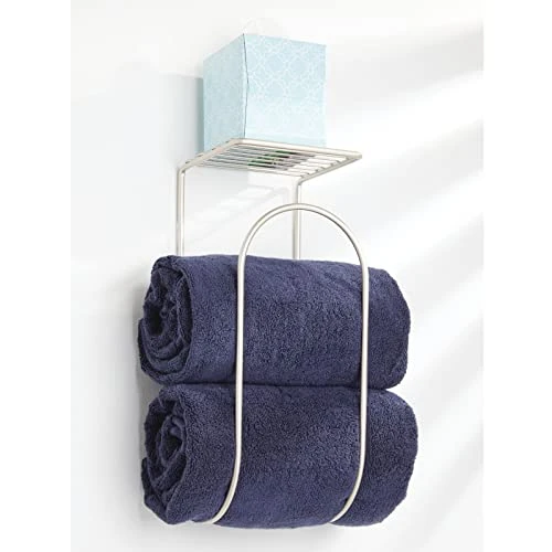 MDesign Modern Metal Wire Wall Mount Towel Rack Holder And Organizer With Storage Shelf - For Bathroom Towels, Washcloths, Hand Towels - Decorative Curved Design - Satin 3 MDesign Modern Metal Wire Wall Mount Towel Rack Holder And Organizer With Storage Shelf - For Bathroom Towels, Washcloths, Hand Towels - Decorative Curved Design - Satin - Image 3