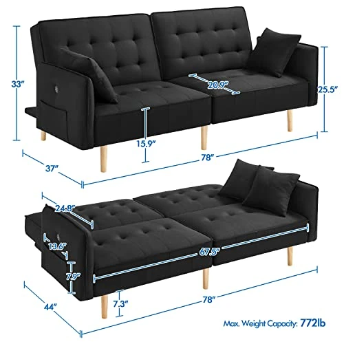 Yaheetech 78” Convertible Sofa Bed With USB Ports Sleeper Couch Futon Daybed Sleeper Sofa For Living Room Convertible Loveseat Adjustable Couch Bed Linen Fabric Tufted Split-Back Daybed, Black 3 Yaheetech 78” Convertible Sofa Bed With USB Ports Sleeper Couch Futon Daybed Sleeper Sofa For Living Room Convertible Loveseat Adjustable Couch Bed Linen Fabric Tufted Split-Back Daybed, Black - Image 3