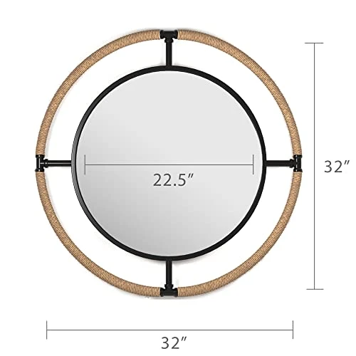 Barnyard Designs 32 Inch Round Mirror, Modern Bathroom Mirrors For Wall, Farmhouse Mirror Rope/Metal Framed Round Mirror, Circle Mirrors Bathroom Vanity Mirror, Wall Mirrors Home Decor, Black/Natural 4 Barnyard Designs 32 Inch Round Mirror, Modern Bathroom Mirrors For Wall, Farmhouse Mirror Rope/Metal Framed Round Mirror, Circle Mirrors Bathroom Vanity Mirror, Wall Mirrors Home Decor, Black/Natural - Image 4