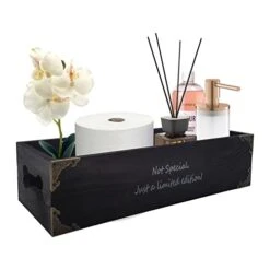 Toilet Paper Holder, Toilet Tank Basket, Rustic Farmhouse Black Bathroom Decor Wooden Box With Handles Organizer For Kitchen Countertop, Bathroom Counter, Toilet Tank Topper, Vanity Table Tray (Black)