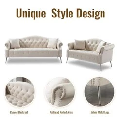 Homtique Sofa Set For Living Room 2 Piece, Modern Velvet Loveseat Sofa Set Upholstered Button Tufted Nailhead Trimming Rolled Arm And Metal Legs, Velvet Sofa Couch With 4 Pillows For Home (Beige) -Songmics Furniture Shop 41dv8ANsLRL