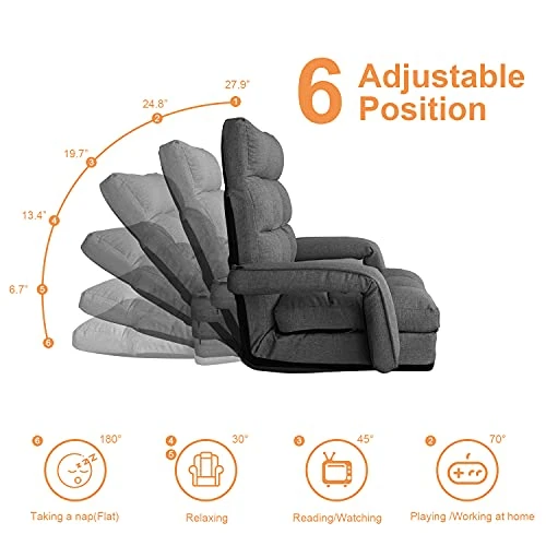 WAYTRIM Indoor Chaise Lounge Sofa, Folding Lazy Sofa Floor Chair, 6-Position Folding Padded Lounger Bed With Armrests - Dark Gray 2 WAYTRIM Indoor Chaise Lounge Sofa, Folding Lazy Sofa Floor Chair, 6-Position Folding Padded Lounger Bed With Armrests - Dark Gray - Image 2