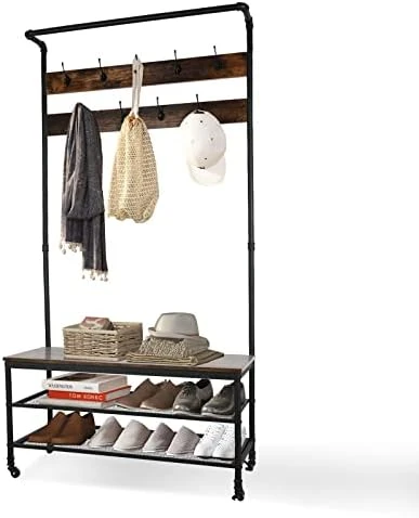 Entryway Coat Rack With Shoe Storage, Hall Tree With Bench, Coat Rack With 9 Removable Hooks And A Hanging Rod, Entryway Shoe Rack Organizer With Metal Frame 28.1*13.7*72.1 Inches (Rustic Brown) 7 Entryway Coat Rack With Shoe Storage, Hall Tree With Bench, Coat Rack With 9 Removable Hooks And A Hanging Rod, Entryway Shoe Rack Organizer With Metal Frame 28.1*13.7*72.1 Inches (Rustic Brown) - Image 7