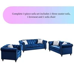 3-Piece Velvet Upholstered Living Room Furniture Set, Including 3-Seater Sofa, Loveseat And Single Sofa Chair With Button And Copper Nail On Arms And Back, Five White Villose Pillows Included, Blue -Songmics Furniture Shop 41e9gjWgQLL