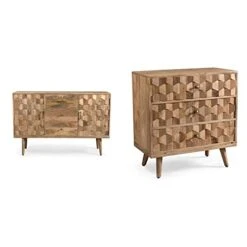 Great Deal Furniture Zona Mid-Century Modern Mango Wood 3 Drawer Sideboard With 2 Doors, Natural & Poppy Mid-Century Modern Mango Wood 3 Drawer Chest, Natural