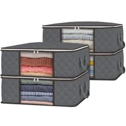 Fixwal 4 Pack Clothes Storage Bag Storage Bins Foldable Closet Organizer Bags With Clear Window Sturdy Zipper Reinforced Handle, Storage Containers For For Closet, Dorm, Pillows, Bedding, 36L, Grey