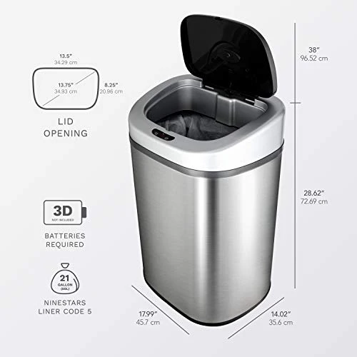 NINESTARS Automatic Touchless Infrared Motion Sensor Trash Can With Stainless Steel Base & Oval, Silver/Black Lid, 21 Gal 4 NINESTARS Automatic Touchless Infrared Motion Sensor Trash Can With Stainless Steel Base & Oval, Silver/Black Lid, 21 Gal - Image 4