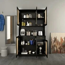 Wirrtory 71” Rattan Freestanding Kitchen Pantry Storage Cabinet, Buffet Cupboards Sideboard Modern Hutch Cabinet with 6 Doors & Drawer For Kitchen Living Room (Black) -Songmics Furniture Shop 41elGsKgtjL