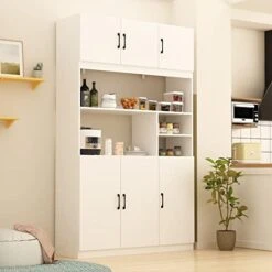 FAMAPY Kitchen Hutch Storage Cabinet With Doors & Open Shelves, Kitchen Pantry Cabinet, Black Metal Handles, Hutch For Kitchen Storage White (47.2”W X 15.7”D X 78.7”H)